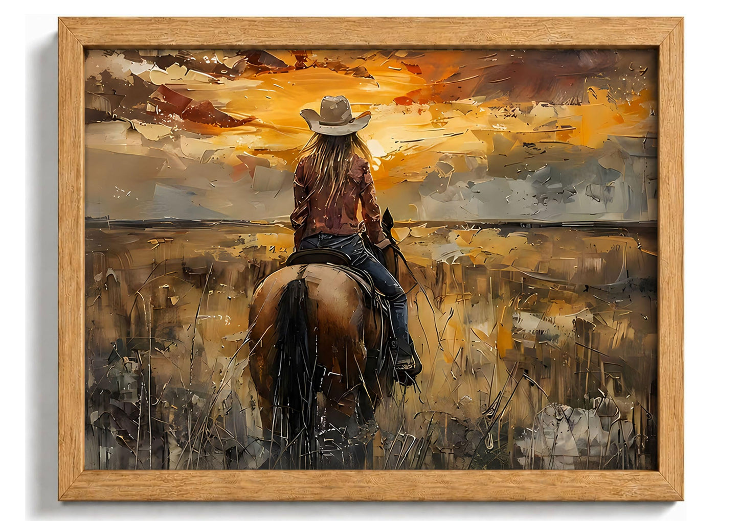 Brown Solid Wood Frame Cowgirl Riding Horse Canvas Wall Art 8x10in