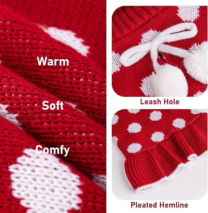KYEESE Dog Sweater Dress with Leash Hole Turtleneck Dog Sweaters for Girl Medium Dogs Polka Dot Knit Pullover Warm Pet Sweater for Fall Winter