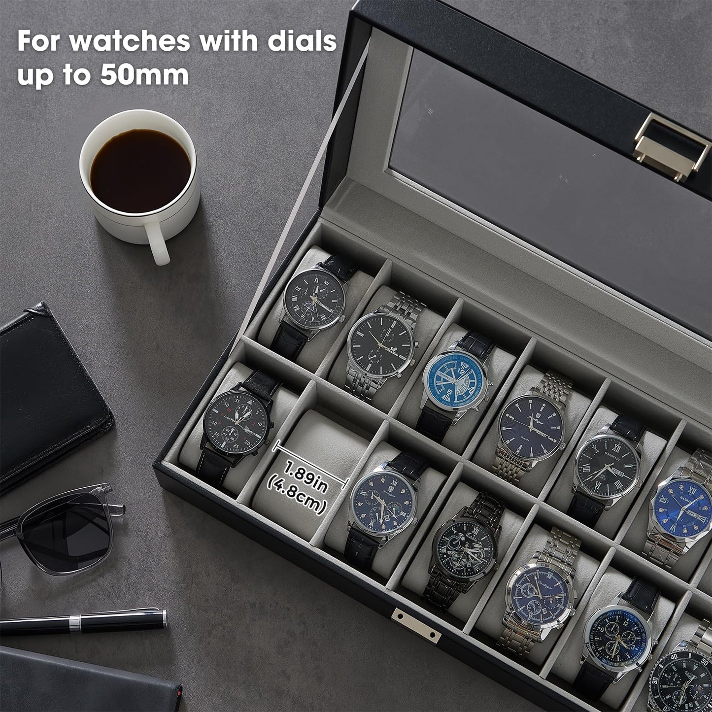 ProCase Watch Case for Men, 14 Slot Mens Watch Box Holder Organizer with Glass Lid, Watch Display Case, Fathers Day Gift for Dad Husband, Birthday Valentine Gifts for Men Women -14 Slot, Black
