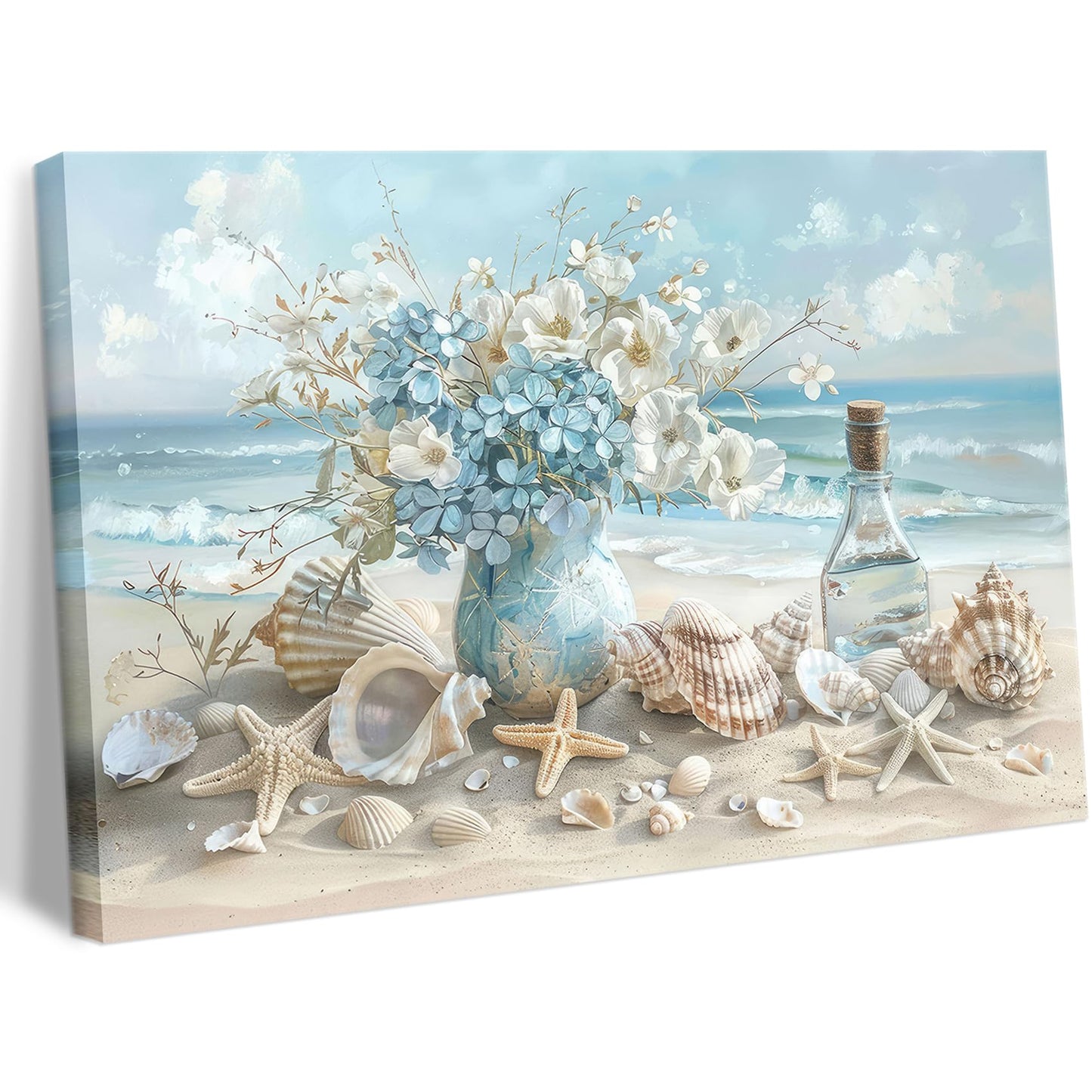 Blue Ocean Beach Bathroom Canvas Wall Art Seaside Seashell Painting Picture Wall Decor Starfish with White Flower Coastal Poster Print Artwork for Living Room Bedroom Bathroom Decor 12x16 in Canvas