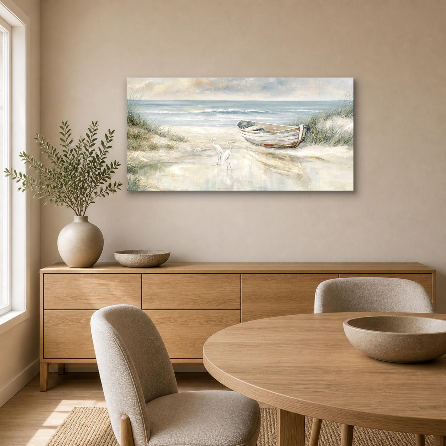 SENROLAN Coastal Wall Art for Living Room, Horizontal Seascape Canvas Wall Art with Boat and Birds, Neutral Ocean Picture for Bedroom, Large Beach Wall Decor, Ready to Hang, 24x48 Inch