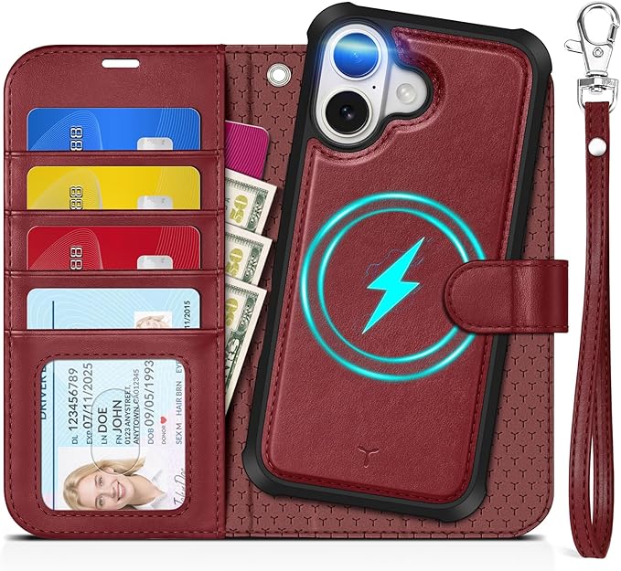 TUCCH Detachable Case Wallet for iPhone 17 (6.3") 2025, Wrist Strap | 4 Card Holders RFID Blocking | Wireless Charging | Stand | 2-in-1 Magnetic | PU Leather | Shockproof Folio Cover | Dark Red