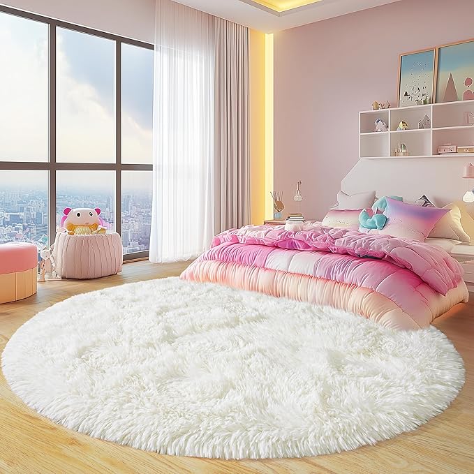 Round Fluffy Rugs 8Ft for Girls Bedroom, Cream White Shag Circle Kids Rug Non-Slip for Bedside Dorm Nursery Playroom, Soft Cute Area Rugs for Living Room Decor