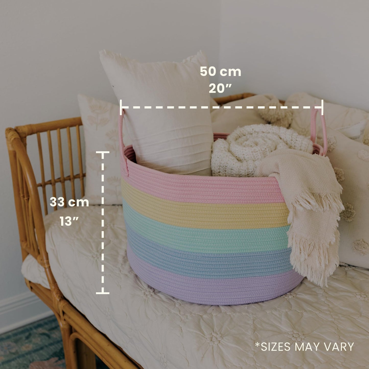 OrganiHaus Rainbow Toy Basket & Blanket Storage Bin, Nursery 20x13"