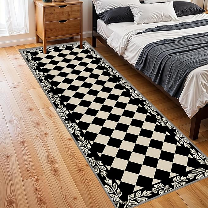 Modern Black White Checkered Pattern Runner Rug, 2.6x7ft, Abstract Neutral Farmhouse Decor Rugs for Living Room, Non-Shedding Low Pile Soft Foldable Carpet for Family Kitchen