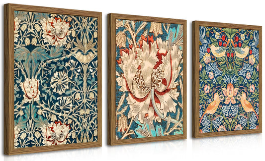 Wood Frame William Morris Wall Art Set of 3, Vintage Botanical Floral Canvas Wall Decor Painting, Farmhouse Artwork Aesthetic Posters Prints for Living Room Bedroom Bathroom 12x16In Framed