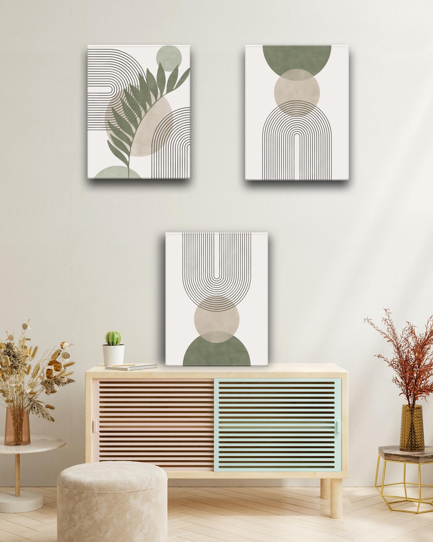 HesenDot 30x40CM Sage Green Boho Wall Art,Framed Canvas Bathroom Wall Art Pictures, Mid-Century Modern Wood Framed Abstract Prints for Bedroom,Minimalist Office Wall Decor 3Pack