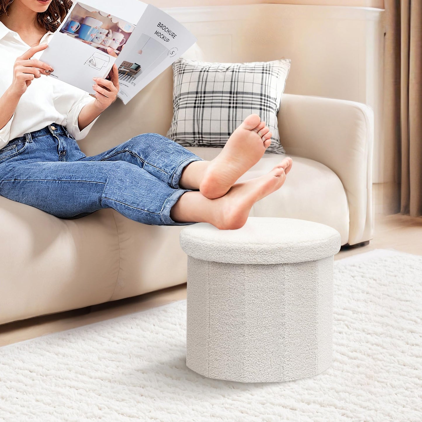 PINPLUS Round Storage Ottoman Cube Footrest - Versatile Boucle & Faux Teddy Fur with Hidden Compartment for Living Room, Dorm, Bedroom White, 15"x15"x13.2"