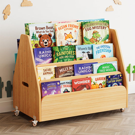 SpaceAid Double-Sided Mobile Bookshelf, Montessori Bookcase for Toddlers, Wooden Book Storage Organizer Shelf Furniture for Kids Rooms, Playroom, Nursery and Classroom, 29.5“ Wide 4-Tier, Natural