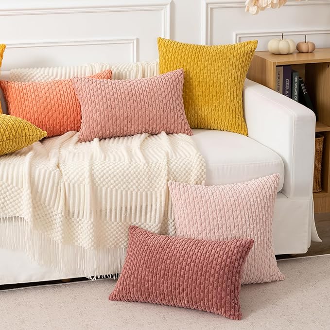 Kevin Textile Throw Pillow Covers Soft Corduroy Decorative Set of 2 Boho Striped Pillow Covers Pillowcases Farmhouse Home Decor for Couch Bed Sofa Living Room 24x24 Inch Mustard Yellow