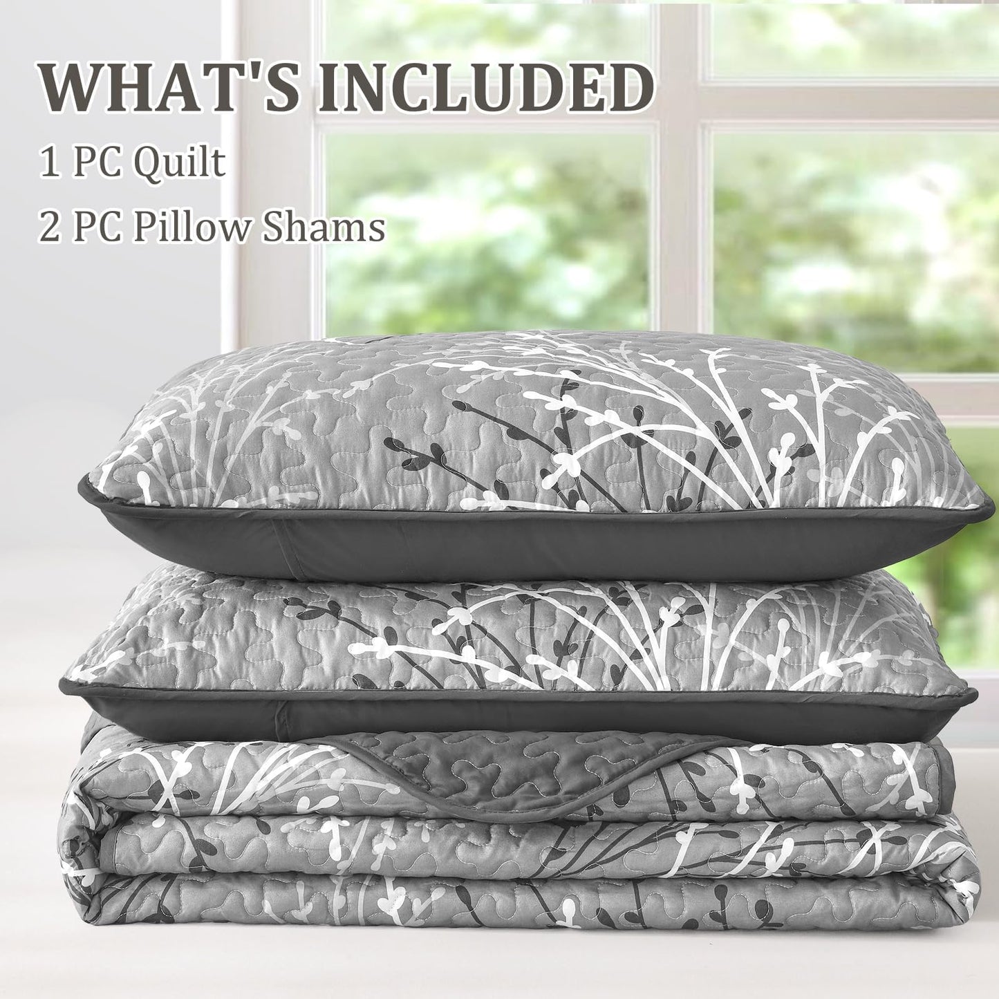 DJY Grey Quilt Set Queen Size - Branch Botanical Pattern Bedspread Coverlet Set, 3 Pieces Gray Floral Quilt Bedding Set, Soft Lightweight Microfiber Reversible Summer Quilt Set
