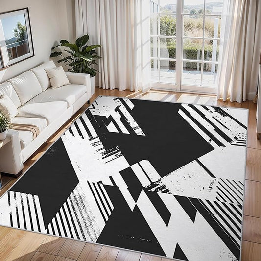 Black and White Rugs for Home Decor, 8x10 ft, Abstract Geometric Area Rugs for Living Room, Soft Non Slip Washable Modern Minimalist Carpet Bedroom Decorations Dt-Ghf-31