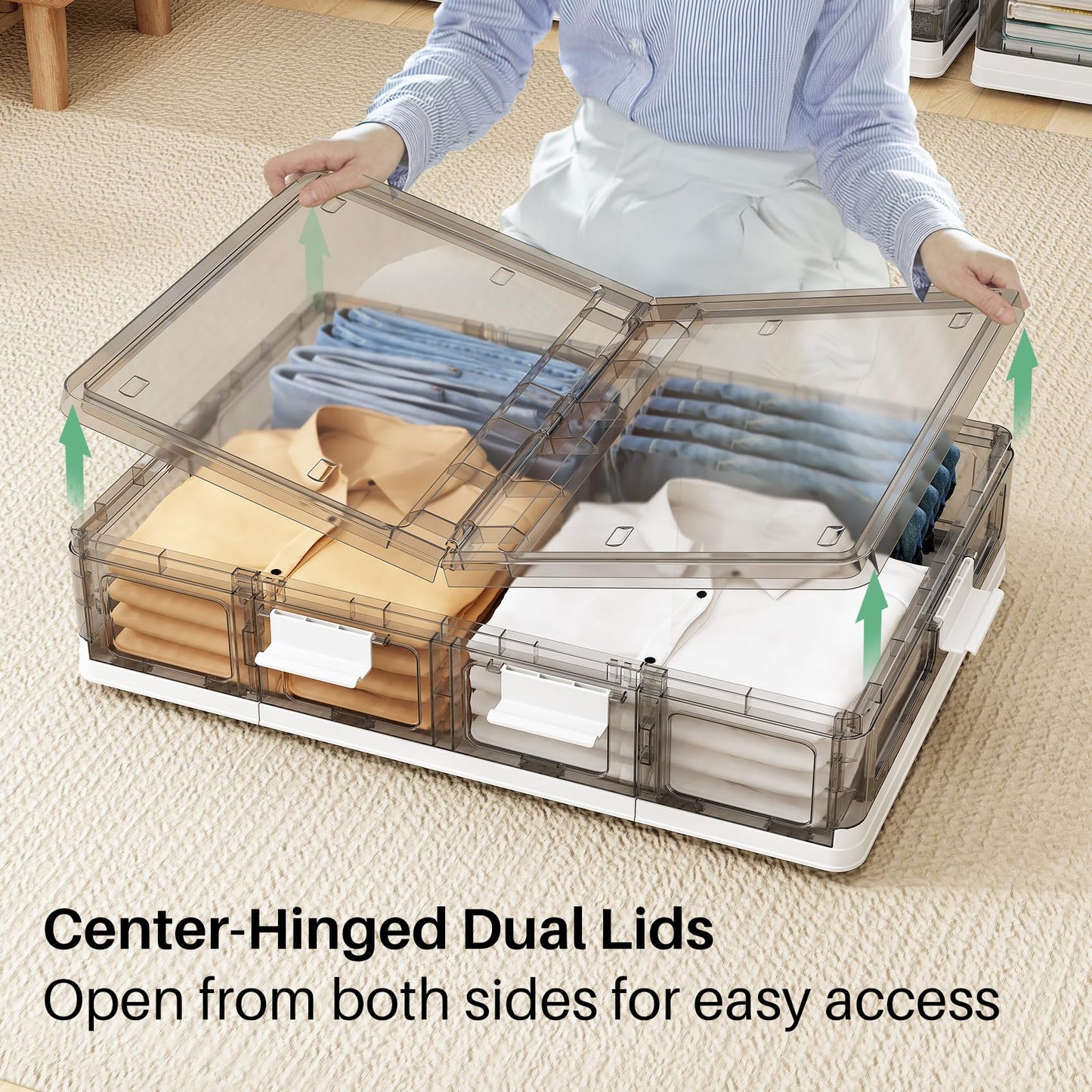 Kitstorack Clear Plastic Under Bed Storage Containers Bins with Lids and 8 Pre-installed Wheels,37.8 Qt, Rolling Foldable Flat Under Bed Organizer Boxes for Clothes Shoes Clothing Bedroom
