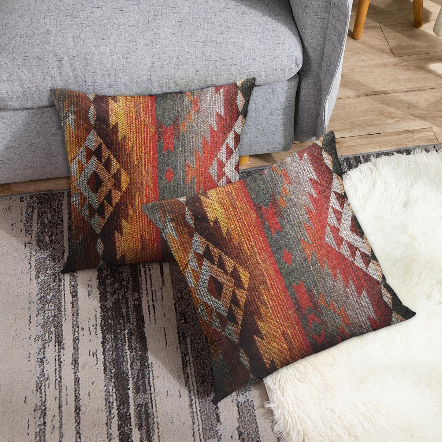 Emvency Set of 2 Aztec Throw Pillow Cover 20x20 Inches Decorative Pillowcase Navajo Orange Red Grey Tribal Decor Rectangle Pillow Cover with Hidden Zipper for Bedroom Sofa