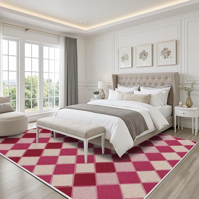 Plaid Rug, Soft Ultra Soft Faux Wool Rhombus Geometric Rugs, Indoor Floor Mats Carpet, Non Slip&Non-Shedding Low Pile Washable Rugs, Modern Red 5x6 Area Rug for Bedroom Home Decor