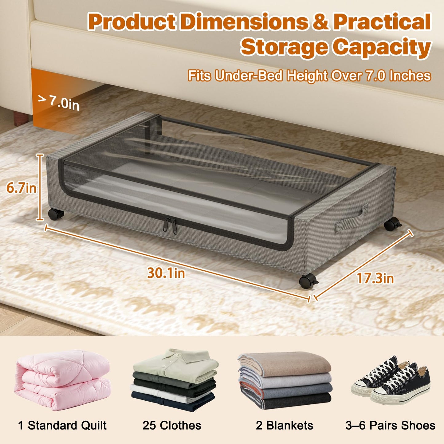 GoFujuco Under Bed Storage with Wheels,XXL 60L Under Bed Storage Containers with Clear Lids, Rolling Under Bed Metal Drawer for Clothes, Shoes,Toys(Gray, 2 Pack)