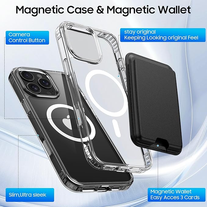 Ntwinro Magnetic for iPhone 16 Pro Clear Case (Compatible with MagSafe) with Black Detachable Wallet & Card Holder for 3 Cards [RFID Blocking] Military Grade Protective Slim Phone Cover