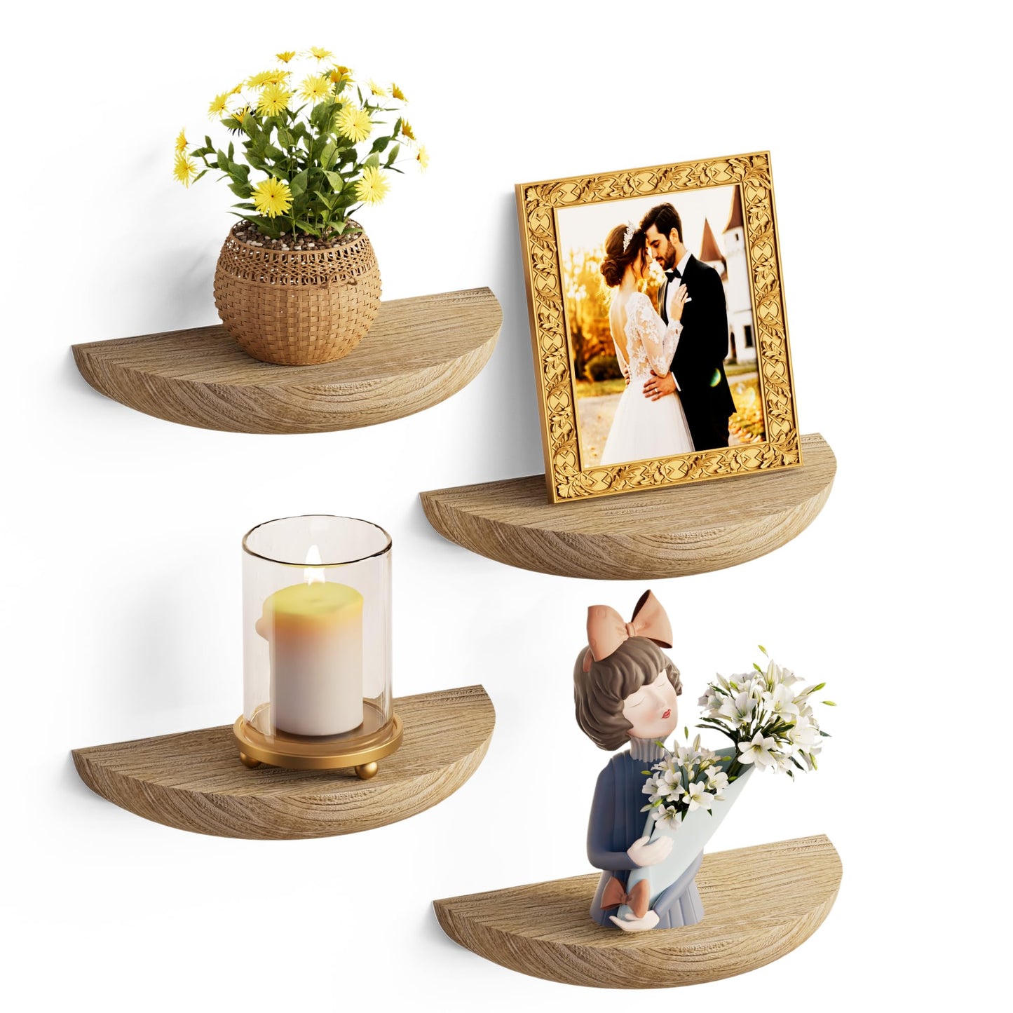 QsQueen Half Round Floating Shelves, 4 Pack Small Wood Wall Shelves for Plants & Decor