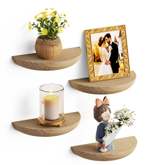 QsQueen Half Round Floating Shelves, 4 Pack Small Wood Wall Shelves for Plants & Decor
