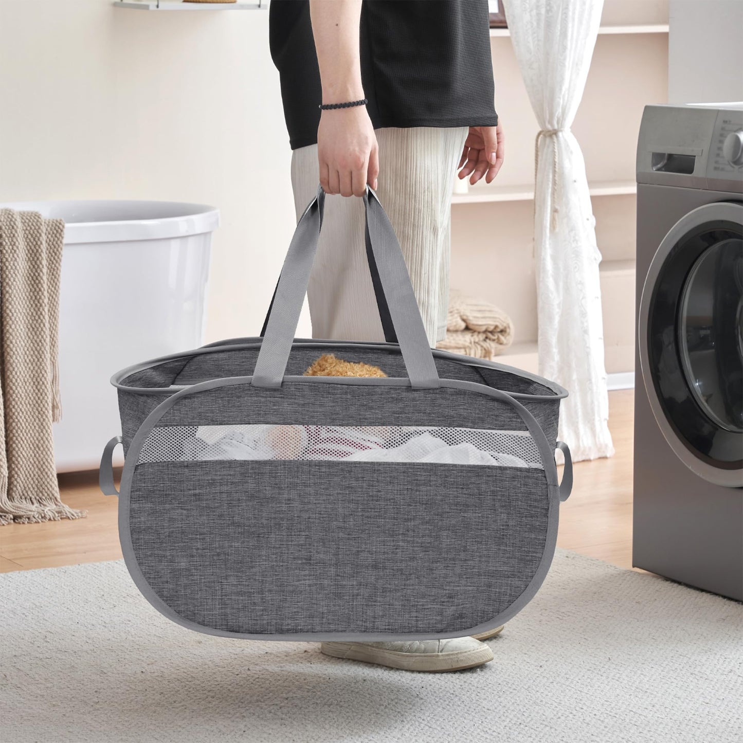 Collapsible Laundry Baskets, Foldable Tear Proof Pop Up Hamper with Reinforced Carry Handles, Durable Laundry Hamper for Home, Laundry, Bathroom, Dorm or Travel (Grey)