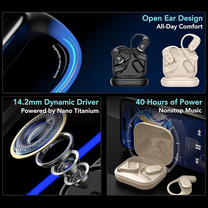 Joy Open-Ear Headphones, Over-Ear, Around-Ear Earhook Wireless Earbuds, Sports Fit for Running & Workouts, ENC Clear Calls, HD Sound, App EQ, Bluetooth 5.4, 40H Battery, IPX4 Sweatproof (Black)