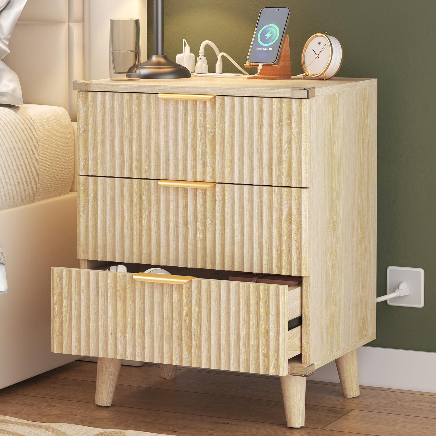 Lulive Modern Dresser and Nightstand Sets 3-Piece, 5-Drawer Dresser + 2 Nightstands Bedroom Sets with Solid Wood Legs (Natural Oak)