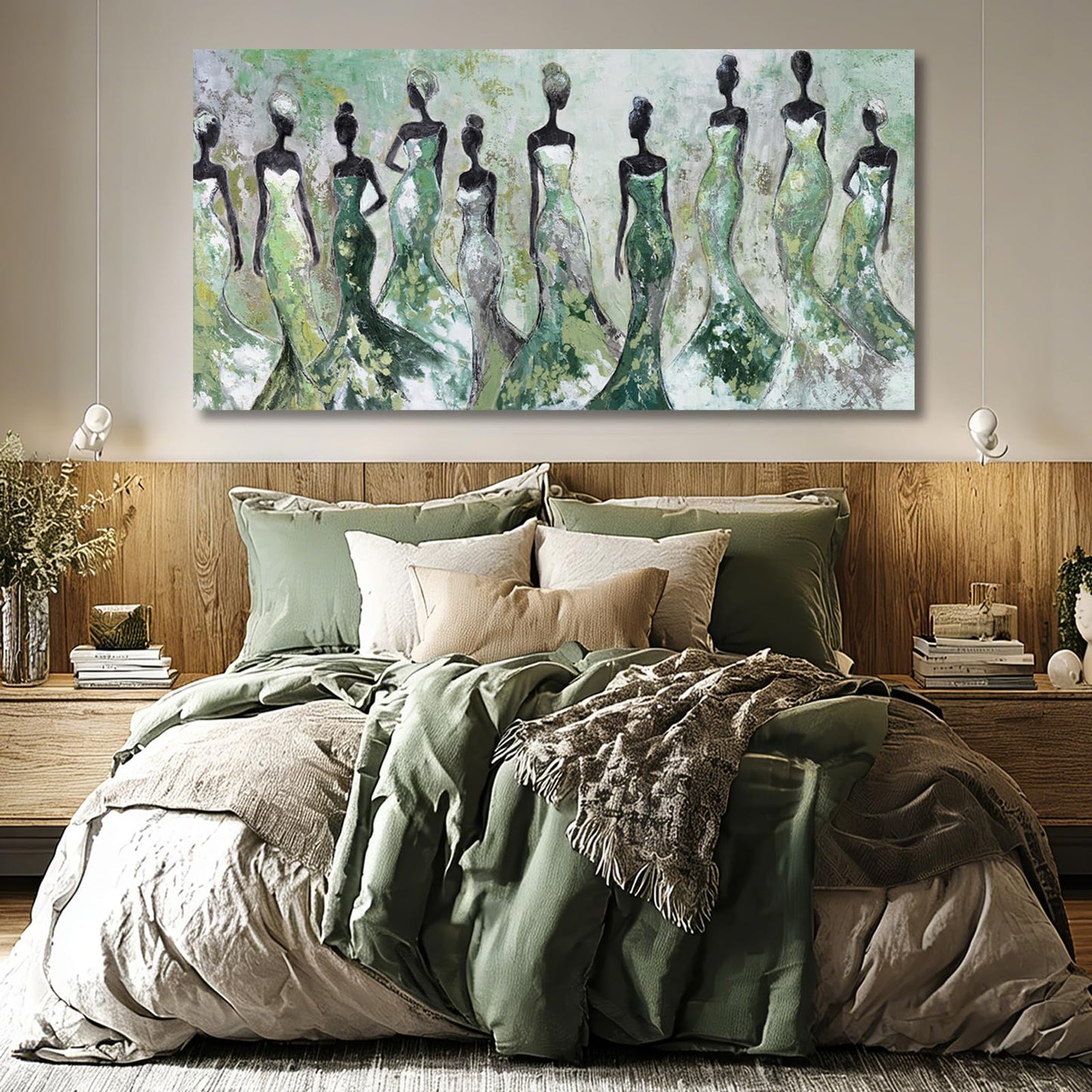 Dolidoteart Green Abstract Figure Wall Art, Black Modern Horizontal Canvas Print for Living Room, Bedroom, Dining Room or Office, Aesthetic Fashion Artwork, 24x48 Inch