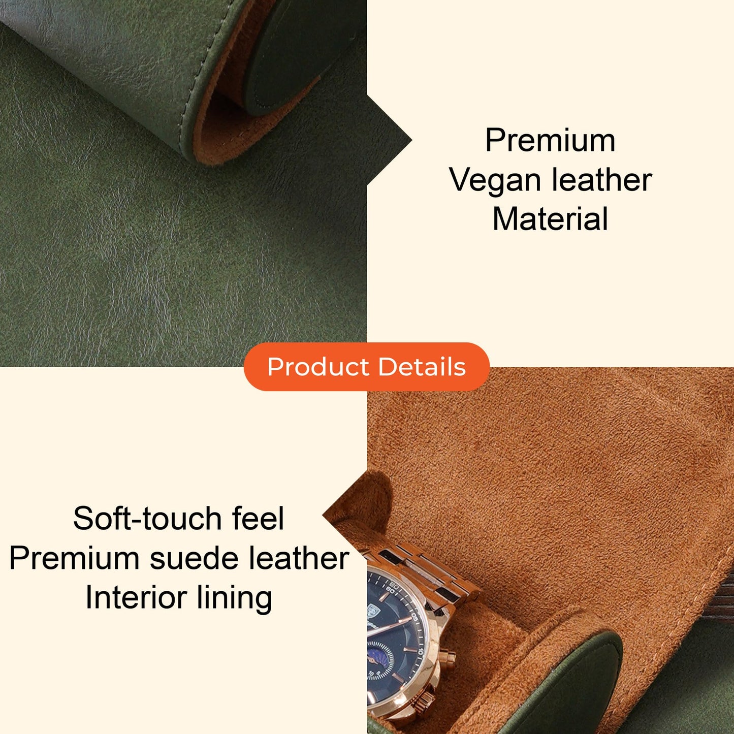 PexPix Leather Watch Travel Case, 2 Slots Green Watch Roll Portable or Organizer for Storage and Display, Ideal Travel Gift for Men