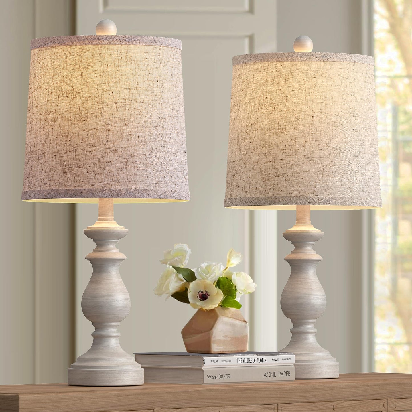 PARTPHONER Traditional Table Lamp Set of 2, Rustic Farmhouse Table Lamps for Living Room Bedroom, 22" Bedside Desk Lamps Vintage Nightstand Lamps with Linen Shades, Antique Grey