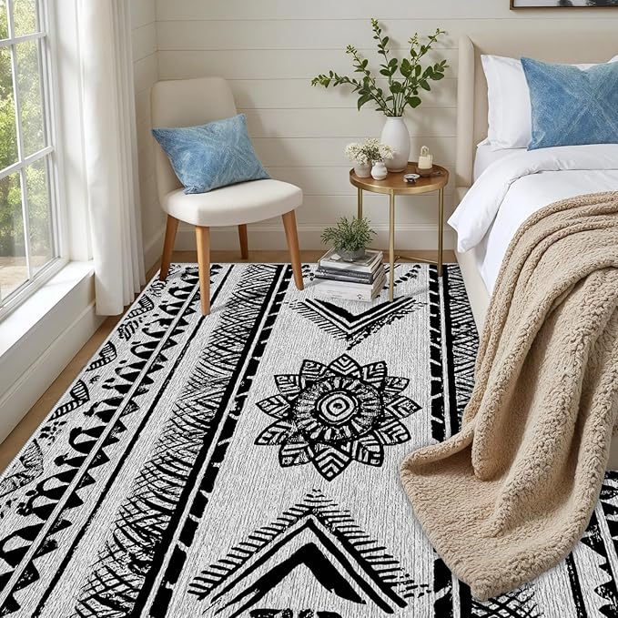 Area Rugs Moroccan for Living Room 7x9, Washable Non-Slip Boho Rug, Neutral Farmhouse Soft Carpet for Bedroom, Kitchen, Dining Room, Entryway, Geometric Print Tribal Carpets, Black and White