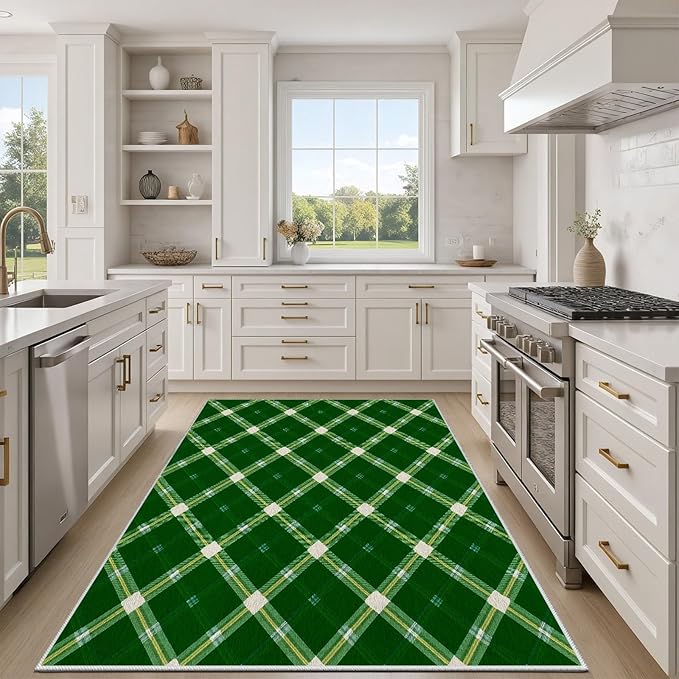 Plaid Rug - 4x5 Rug for Living Room, Geometric Stripes Soft Neutral Indoor Floor Carpet, Non-Slip Stain Resistant Modern Washable Rugs for Bedroom, Green Area Rugs