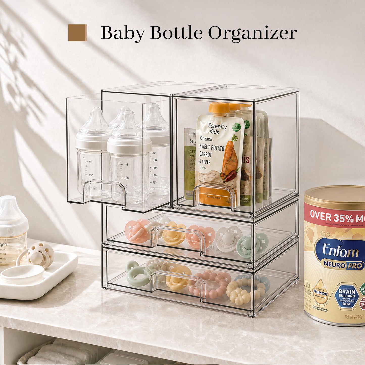 TIPGO Clear Stackable Storage Drawers, Baby Bottle Organizer, Easily-Access Makeup Organizer, Durable Containers for Bathroom Countertop, Cabinet, Pantry and Medicine Organization