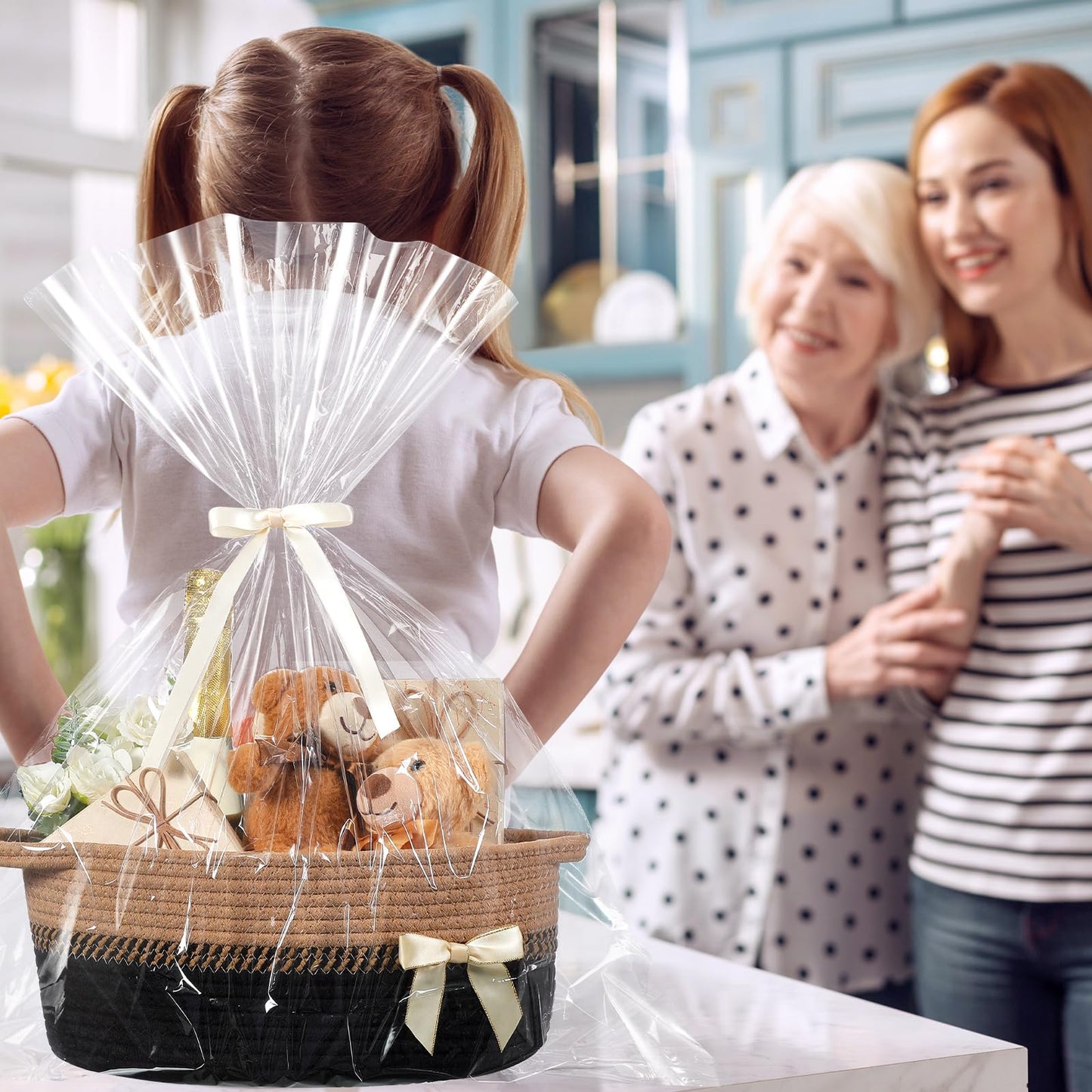 Colingmill 1 Set Woven Basket for Gift Empty with Cellophane Wrap Set 14 x 10 x 5.5 Inch, Medium Decorative Gift Basket Empty to Fill, Cotton Rope Storage Box Decor (Black Brown)