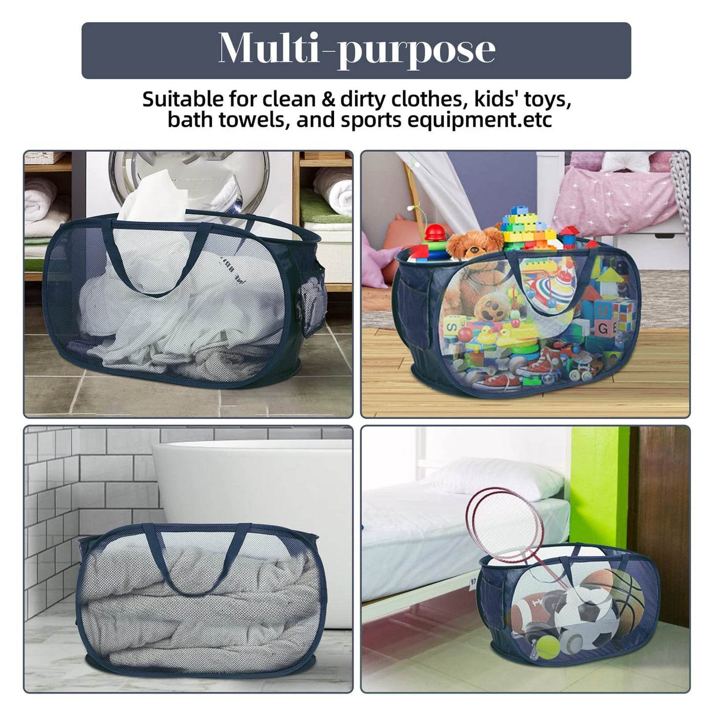 4 Pcs Durable Collapsible Laundry Baskets, Foldable Laundry Basket Large Opening, Pop Up Laundry Hamper with Pocket, Clothes Hamper with Handles for Laundry, Bathroom, Kids Room, Dorm or Trave