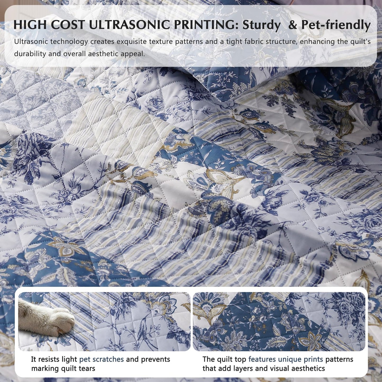 GOONE XL Queen Quilt Set 90"x96", Reversible Blue Floral Boho Queen Size Quilt Bedding Set, Lightweight Spring & Summer Farmhouse Bedspread, Coverlet Quilts Queen Size with 2 Pillow Shams