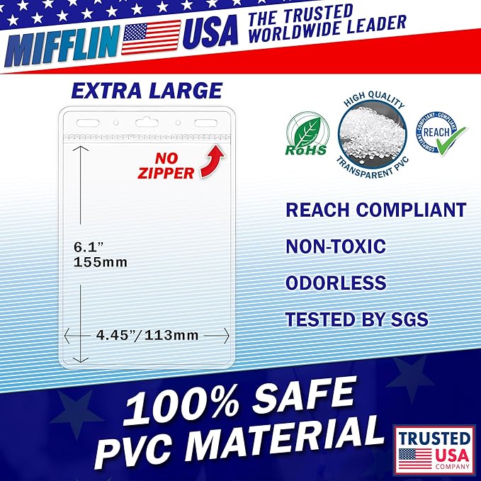Mifflin-USA Passport & Card Holders (Clear, 4x6 Inches, 250 Pack), Extra Large ID Name Badge Holder, Zipperless Vertical Plastic Card Holders