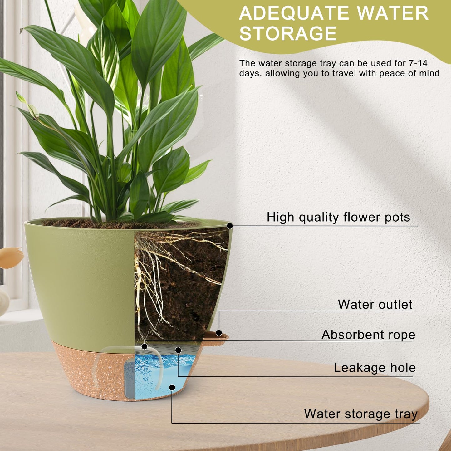 Self Watering Pots for Indoor Plants 12/10/9/8 Inch Large Plastic Self Watering Flower Pots Indoor Outdoor with Drainage Holes, Deep Reservoir,Nursery Planting Pot for Indoor Outdoor Plants