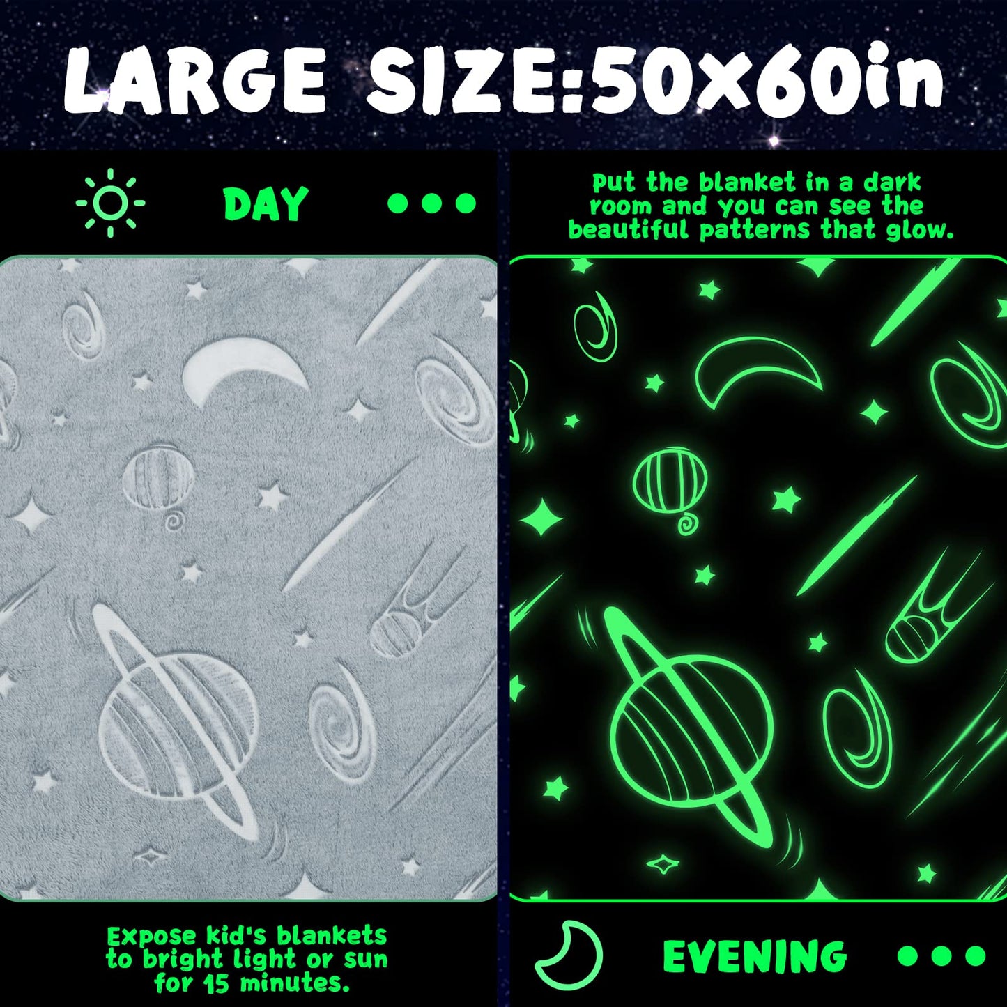 Inhand Glow in the Dark Stars Blanket for Girls Boys Cute Kids Throw Blanket Funny Space Blanket Room Decor Toys Birthday Gifts for 2 3 4 5 6 7 8 9 10 11 12 13 Years Old Girls or Boys (50''x60'' Grey)