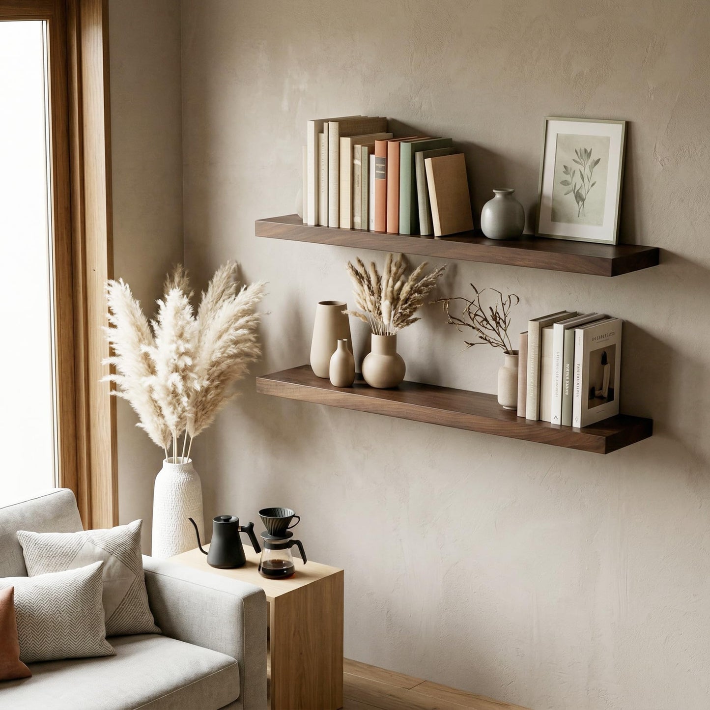 Acovy Floating Shelves, USA-Sourced Walnut Wood 30 Inch Wide x 6.7 Inch Deep Floating Shelves, Natural Wooden Shelves for Bedroom Living Room Home Office, Set of 2