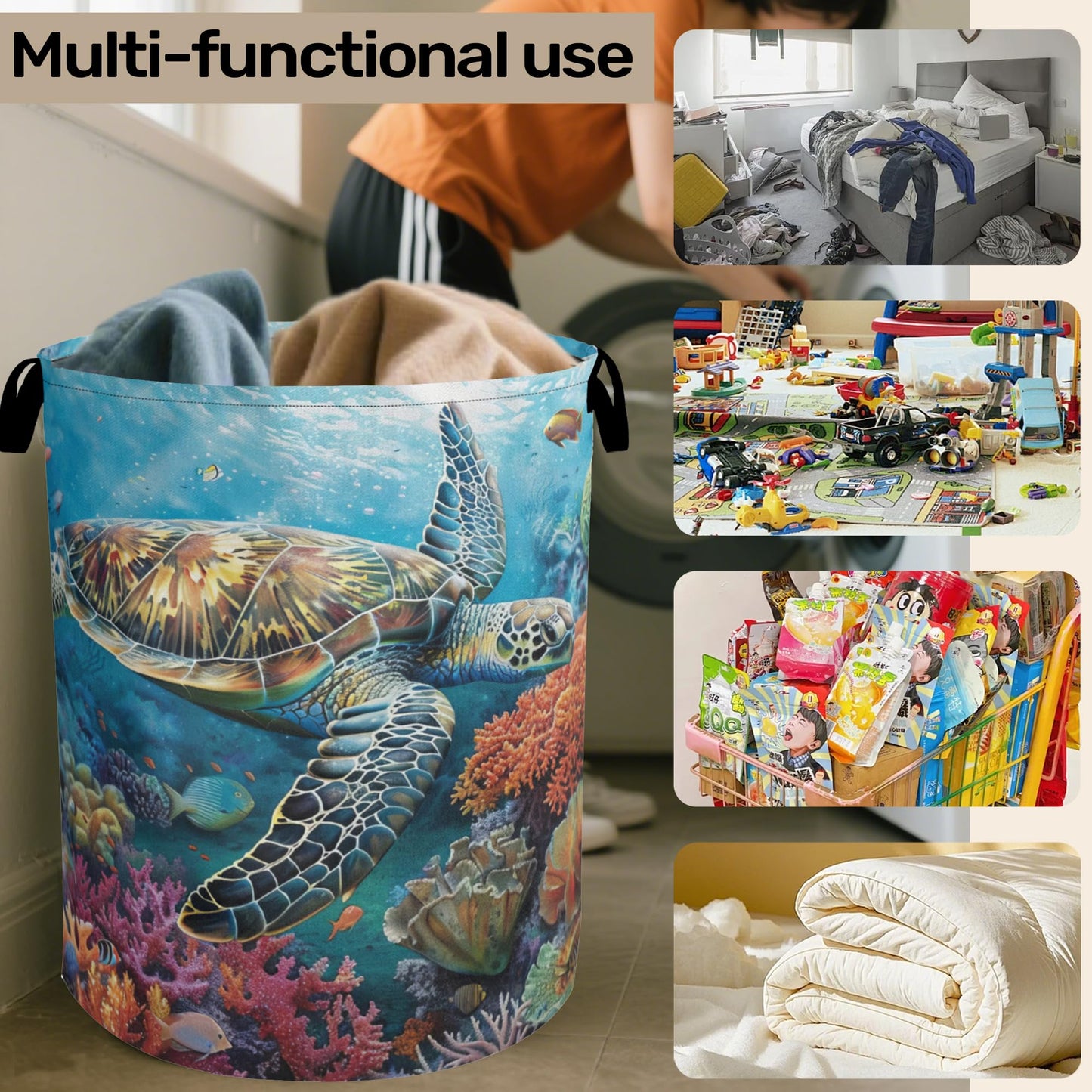 Sea Turtle Foldable Canvas Laundry Basket with Handles - Storage Organizer, Heavy Duty for Home，Bedroom, Dorm, Bathroom