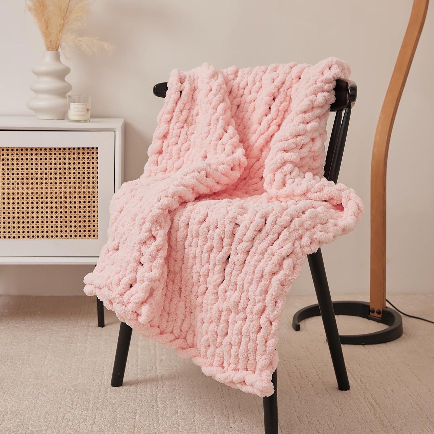 RIWASURNA Chunky Knit Blanket Throw 40"×40" Knitted Throw Blankets for Couch Bed Fluffy Soft Blanket with Jumbo Chenille Yarn Thick 100% Handmade(Cream)