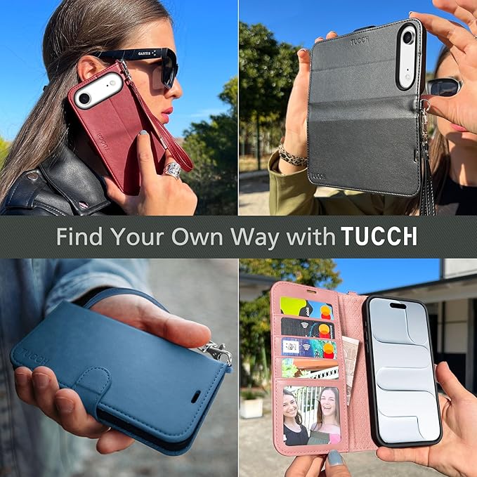 TUCCH Wallet Case for iPhone Air (6.5") 2025, Wrist Strap RFID Blocking 4 Card Slots, Kickstand, Shockproof TPU Shell, PU Leather, Magnetic Closure, Protective Flip Folio Cover, Black