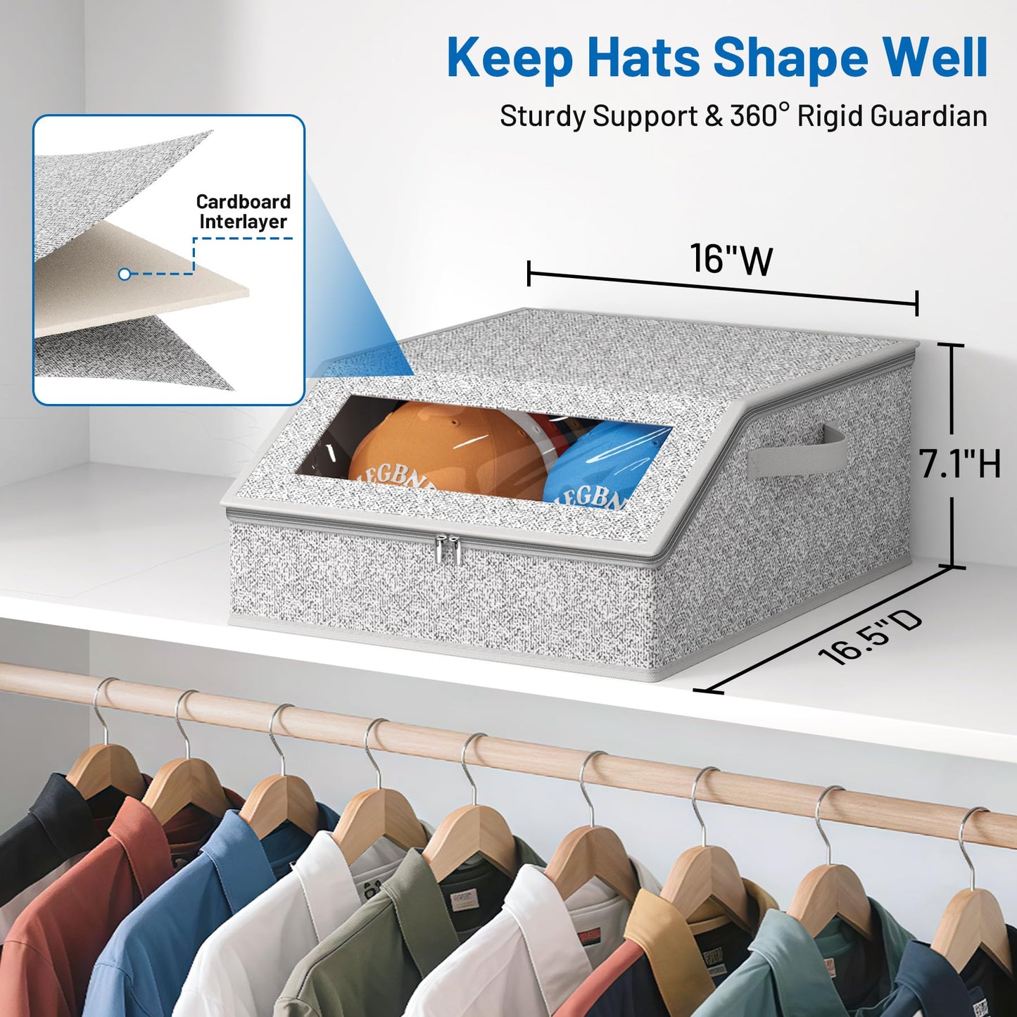 AOODA Sturdy Hat Storage for Baseball Caps, Holds up to 24 Caps Clear Hat Organizer for Closet, Bedroom, Wide Hat Box with Cardboard (Grey)