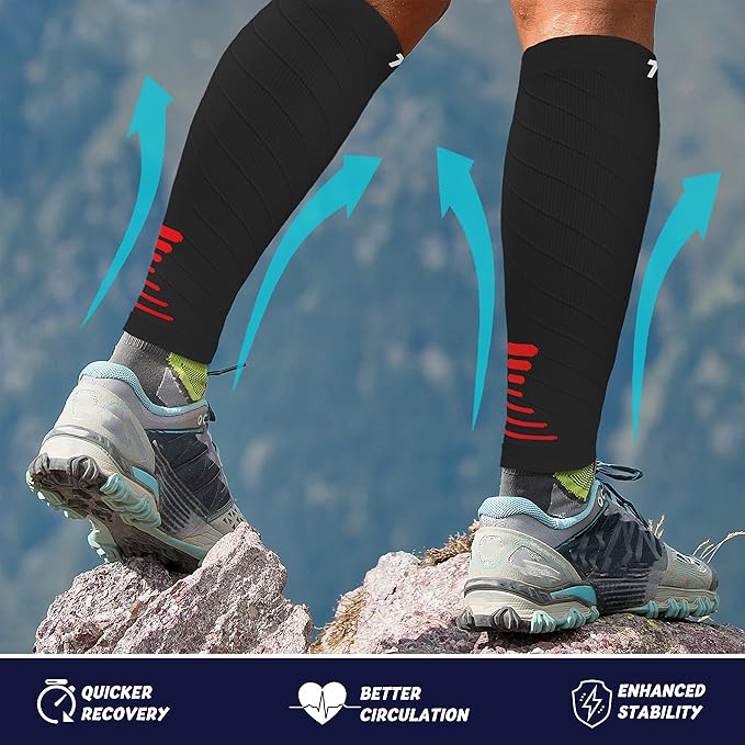 Thoxcare Calf Compression Sleeve for Men Women (2 Pairs), Leg Support Footless Compression Socks for Running - Shin Splint Varicose Veins Swelling & Pain Relief, Black/Red, Large