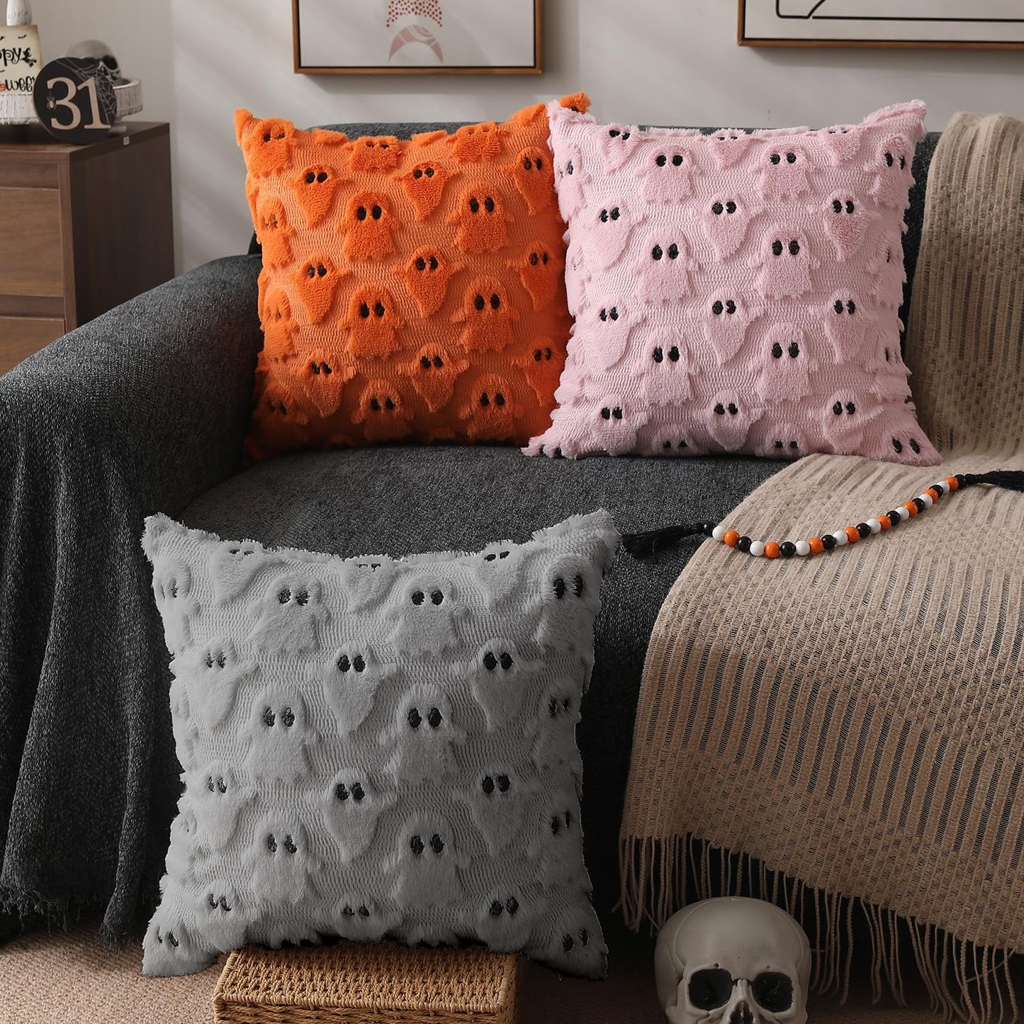 DFXSZ Halloween Pillow Covers 20x20 inch Set of 2 Silver Gray Ghost Throw Pillow Cases Soft Plush Faux Fur Wool Couch Cushion Case for Chair Sofa Bedroom Living Room Home Decor PTK03X20