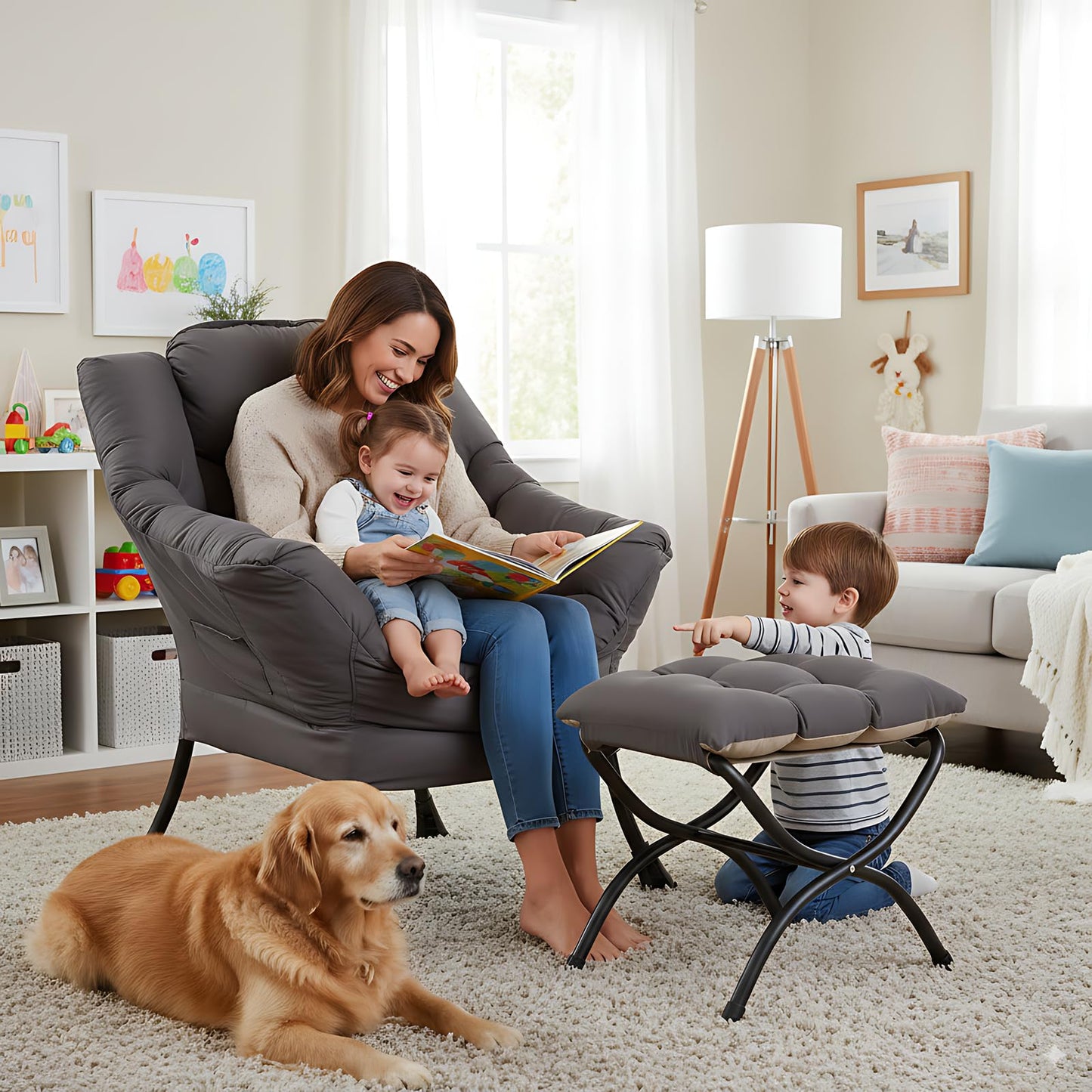 YOTATING Lazy Chair with Ottoman, Lounge Accent Arm Chair with Armrests, Side Pocket and Footrest, Leisure Upholstered Sofa Reading Chair with Footstool for Living Room Bedroom, Dark Grey