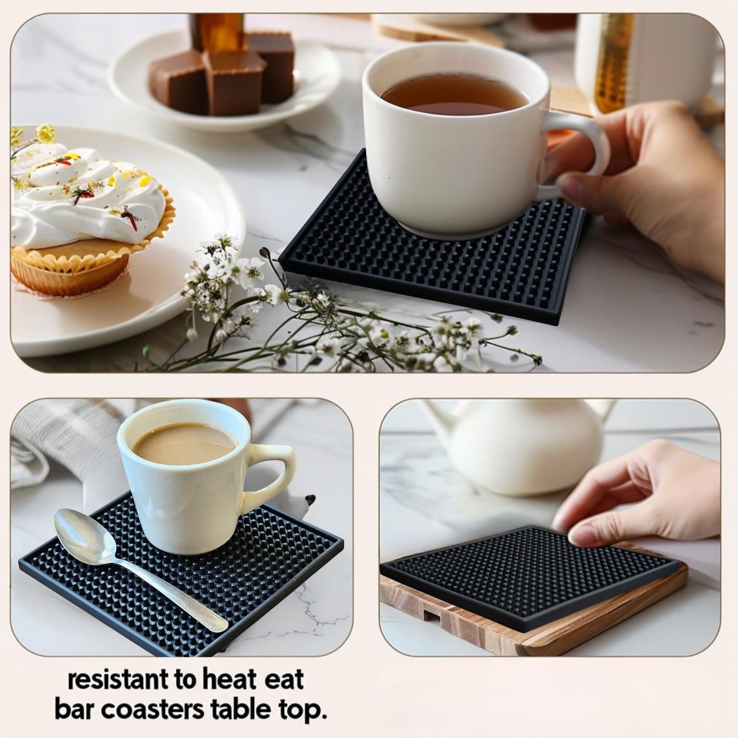 Silicone Coasters Set - 6 Pack - 6 Inch Square Drink Coasters for Coffee Table & Desk - Absorbent & Anti-Slip - Outdoor & Indoor Use