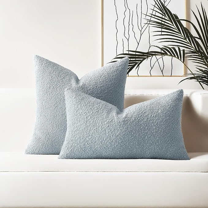 HAUSSY Set of 2 18x18 Decorative Throw Pillow Covers, Soft Cozy Textured Boucle Couch Cases, Home Decor for Couch Bed Living Room, Dusty Blue