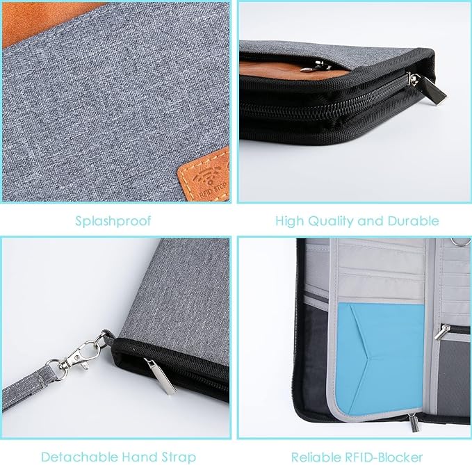 Real Leather Wallet RFID Family Passport Holder Waterproof Travel Essentials (Grey)