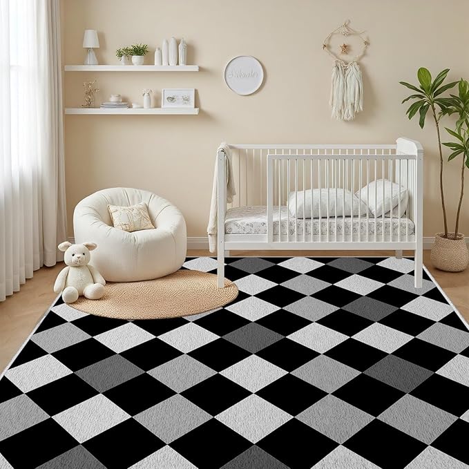 Black and White Rug 3x5, Rhombus Geometric Soft Ultra Soft Faux Wool Low Pile Rug, Indoor Floor Mats Carpet, Non-Slip Stain Resistant Washable Rugs, Modern Abstract Checkered Rugs for Living Room